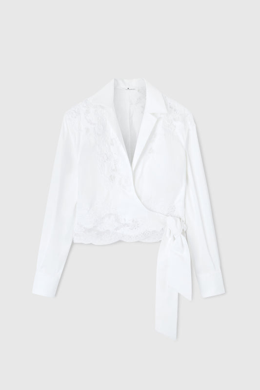 Crossed poplin shirt with bow and lace details