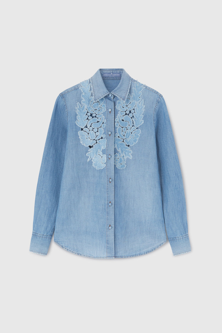 Denim shirt with handmade floral appliqués