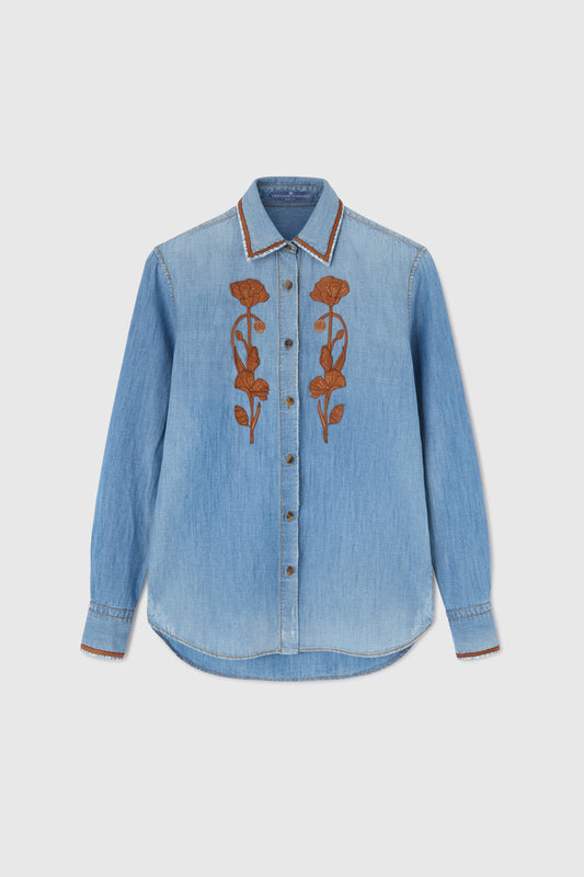 Denim shirt with handmade suede floral appliqué