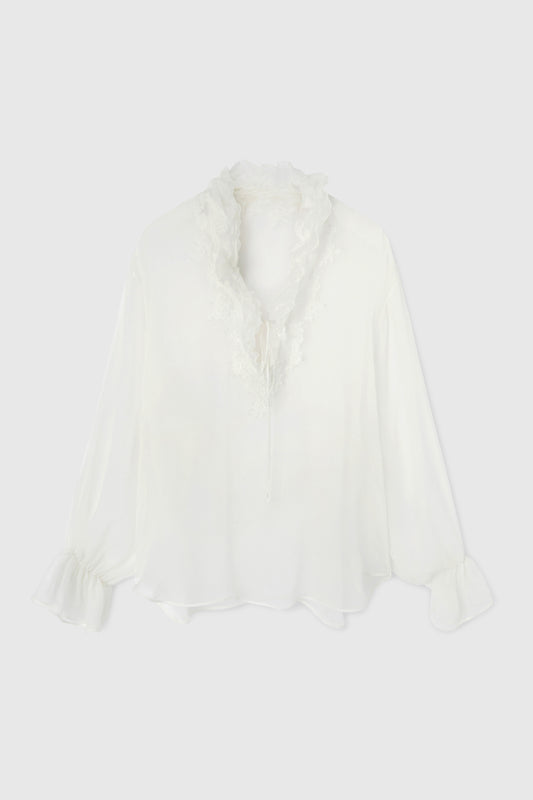 Pure silk chiffon blouse with lace and ruffles