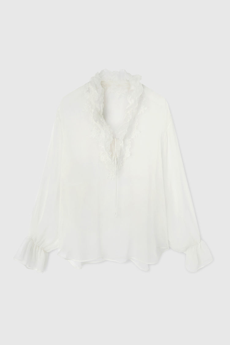 Pure silk chiffon blouse with lace and ruffles