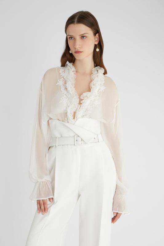 Pure silk chiffon blouse with lace and ruffles