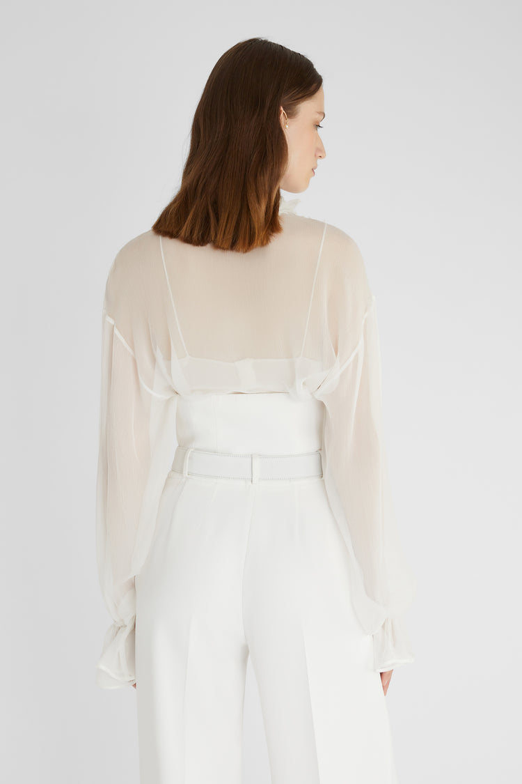 Pure silk chiffon blouse with lace and ruffles