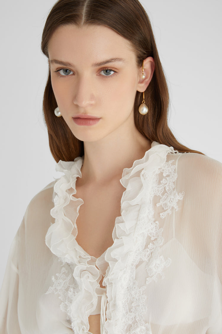 Pure silk chiffon blouse with lace and ruffles