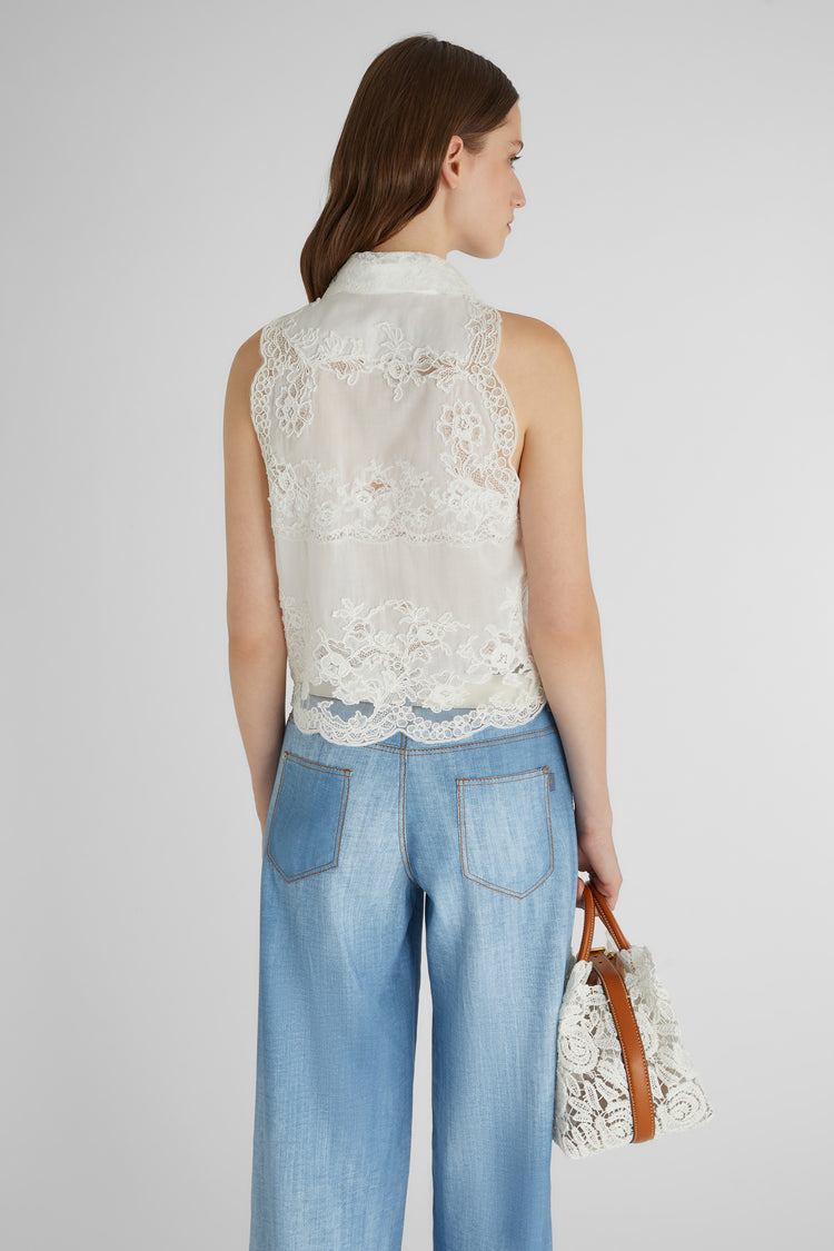 Sleeveless shirt with valencienne lace