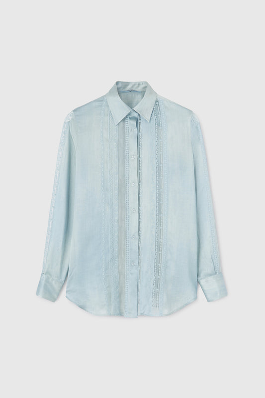 Light denim print pure silk shirt with lace valencienne