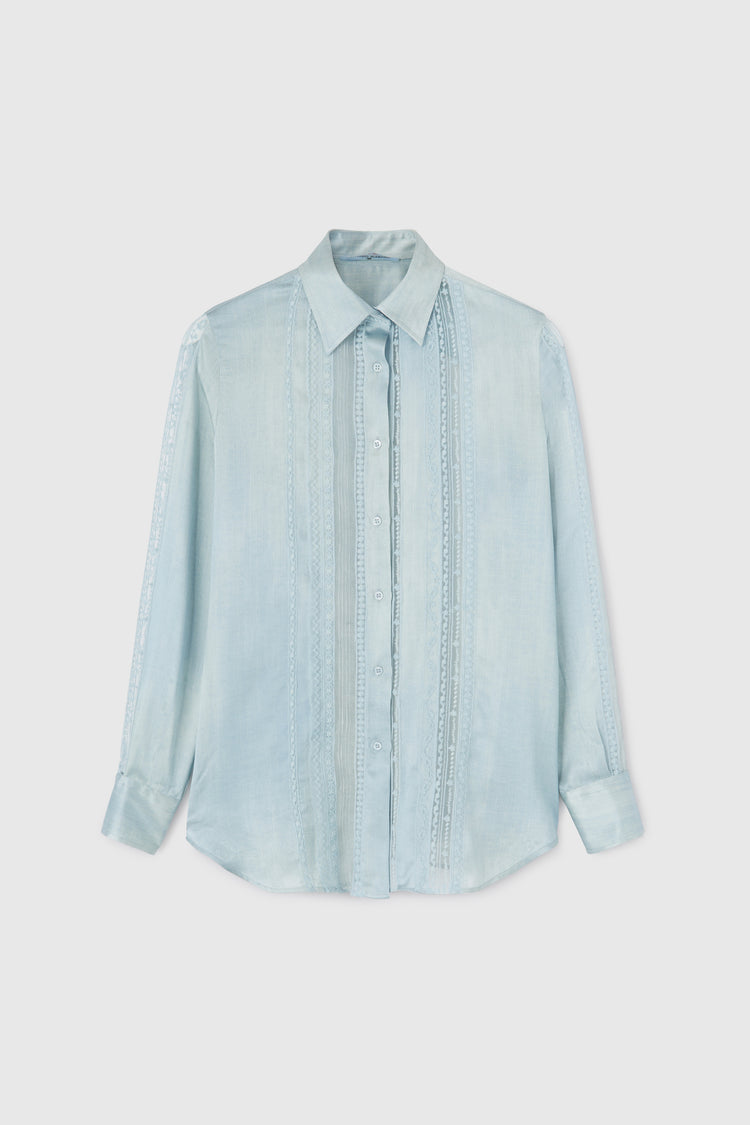 Light denim print pure silk shirt with lace valencienne