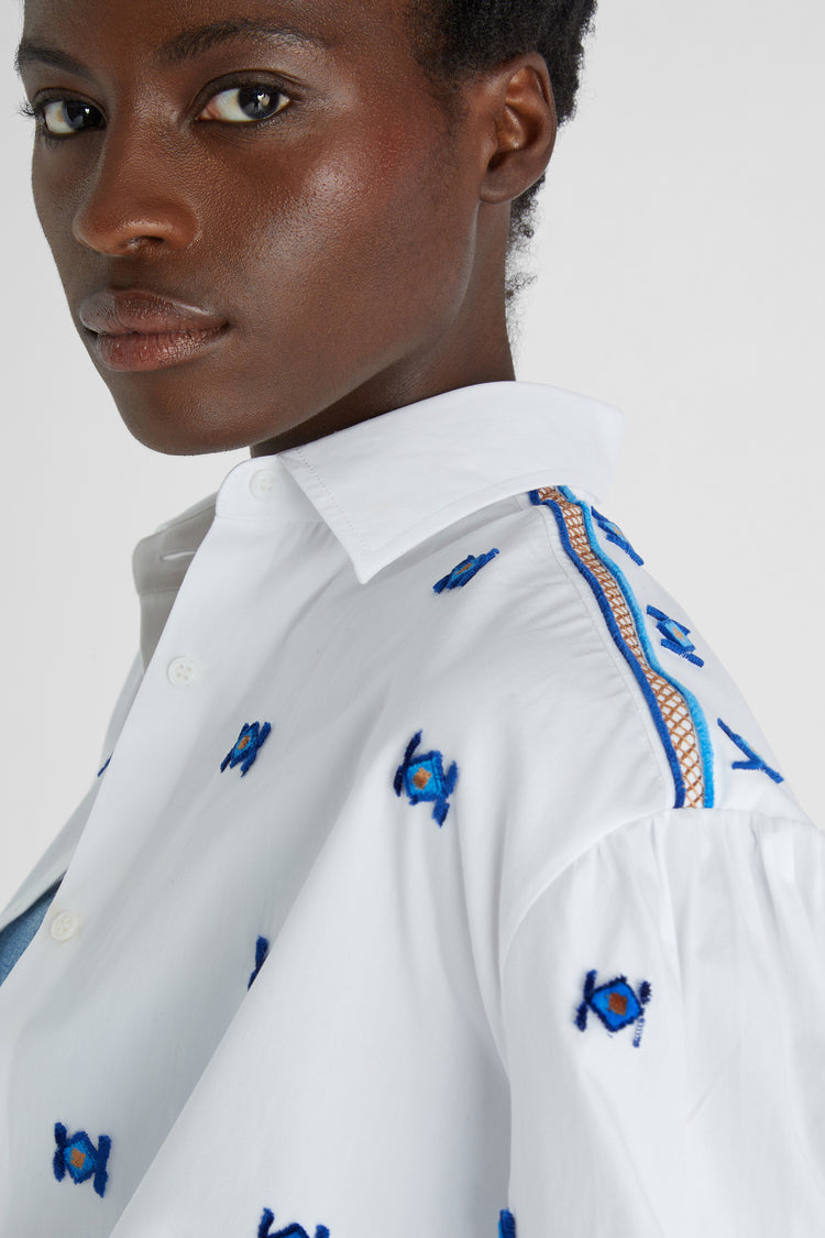 Pure cotton shirt with puff sleeves and geometric embroidery