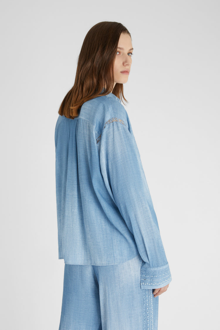 Denim print marocain shirt with valencienne lace details