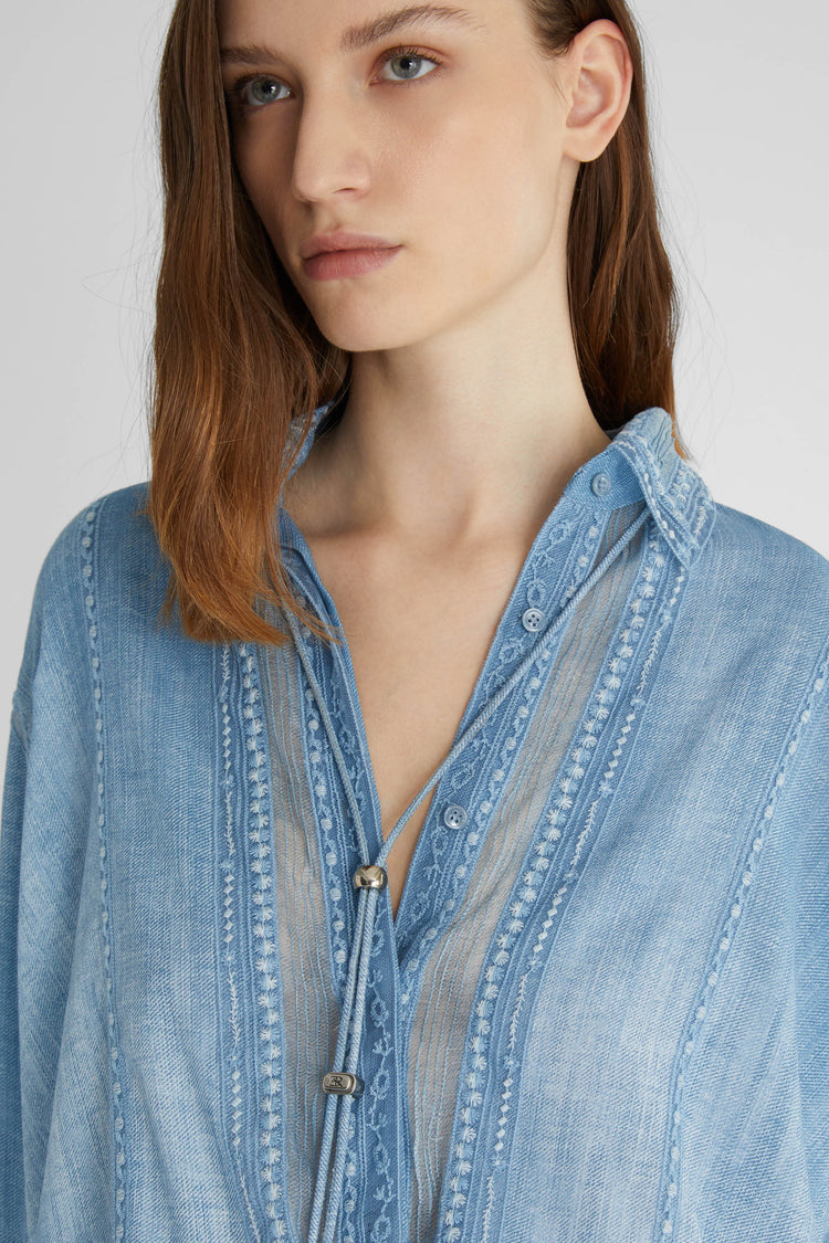 Denim print marocain shirt with valencienne lace details