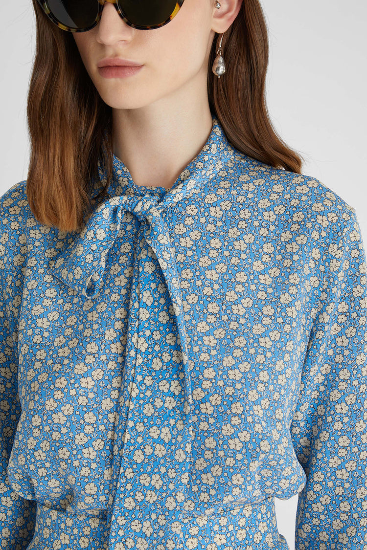 Pure silk shirt with sash collar and micro flower pattern