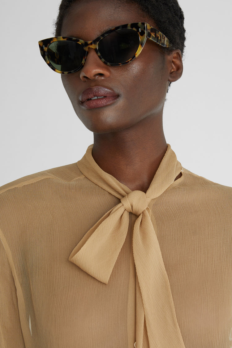 Pure silk chiffon shirt with sash collar