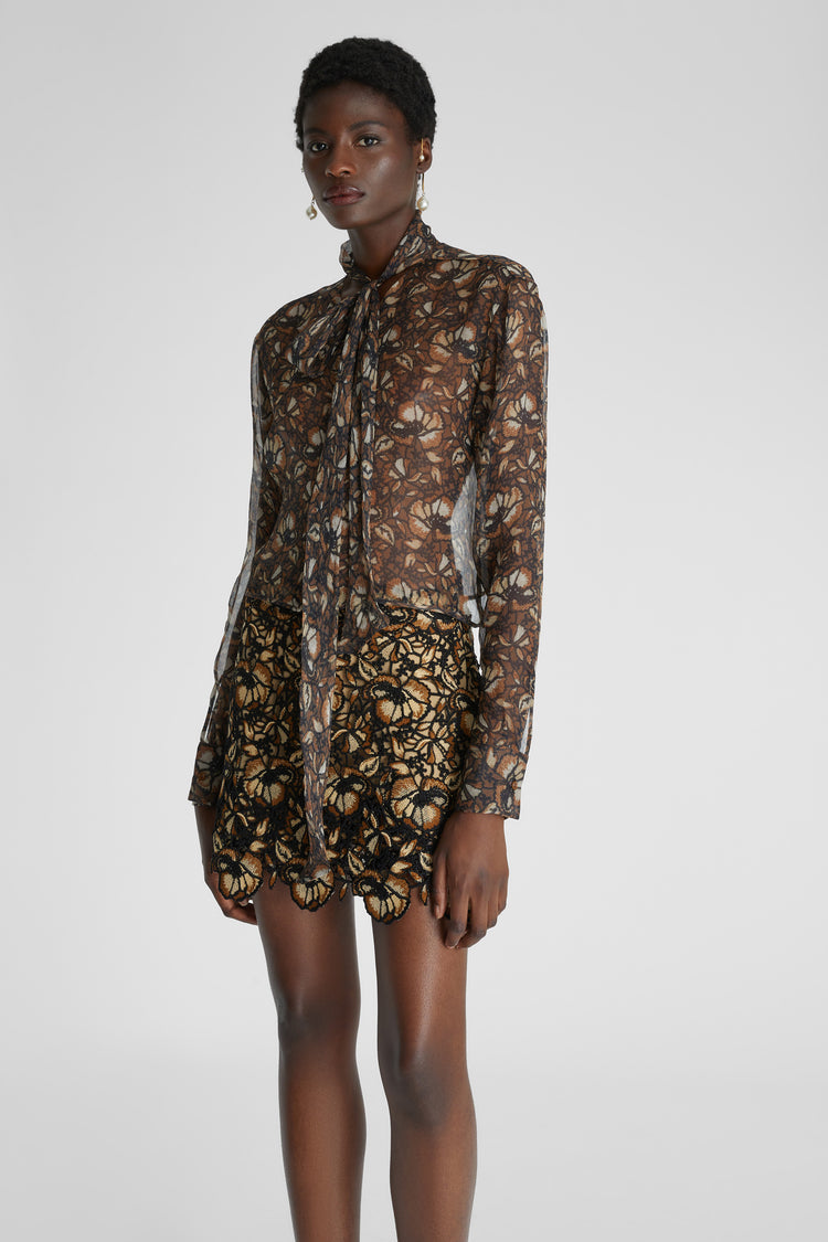 Pure silk chiffon shirt with macramé lace print