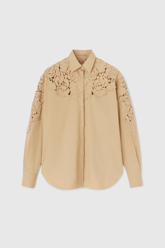 Oversize poplin shirt with handmade floral appliqués