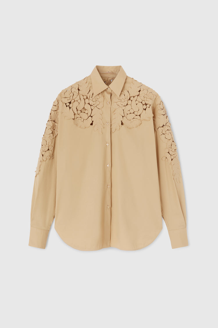 Oversize poplin shirt with handmade floral appliqués