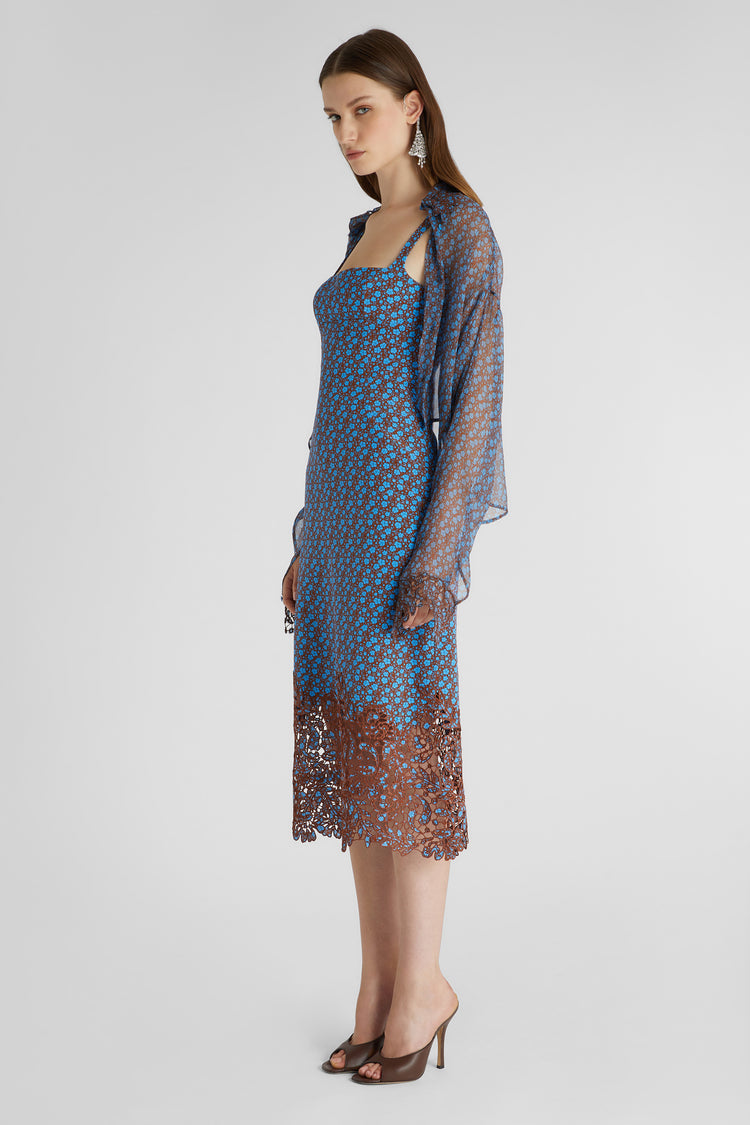 Pure silk chiffon shirt with lace details and micro flower print