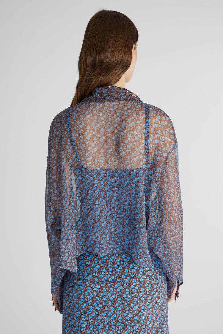 Pure silk chiffon shirt with lace details and micro flower print