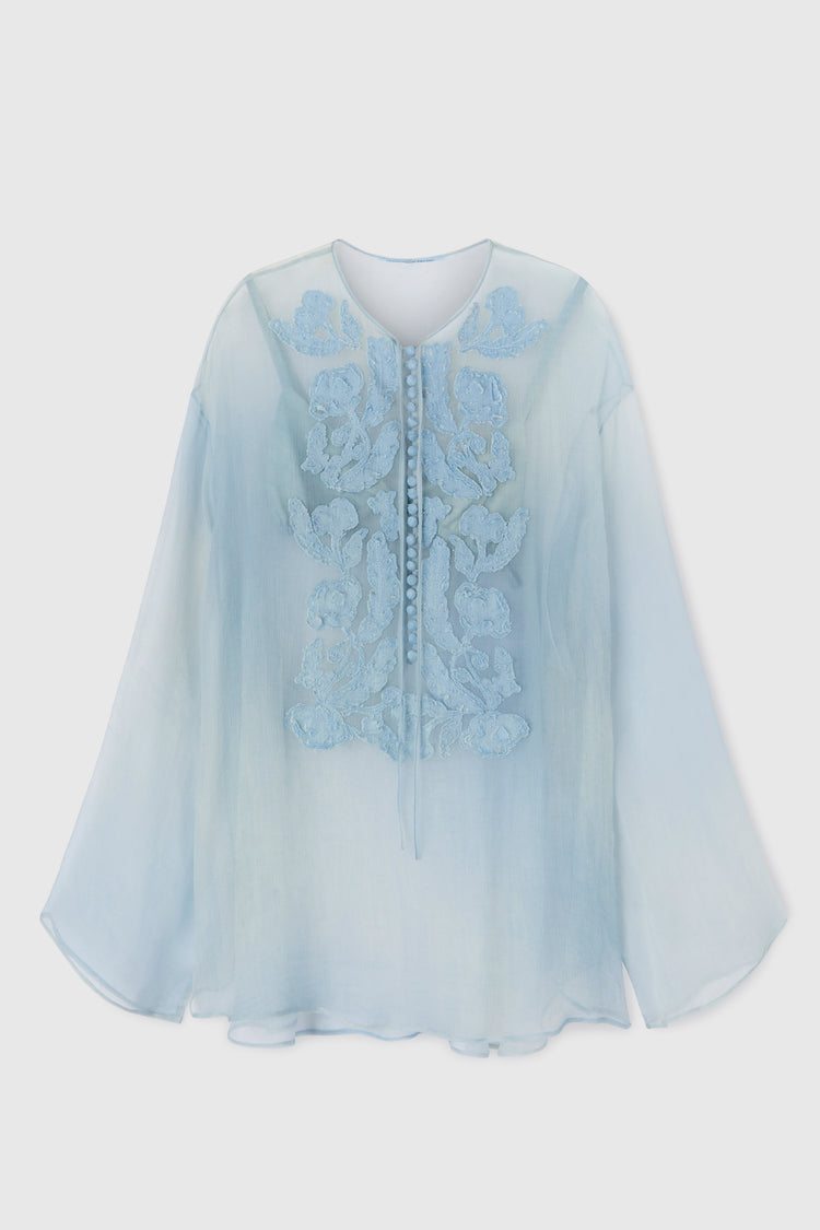 Short pure silk chiffon kaftan with handmade floral appliqués