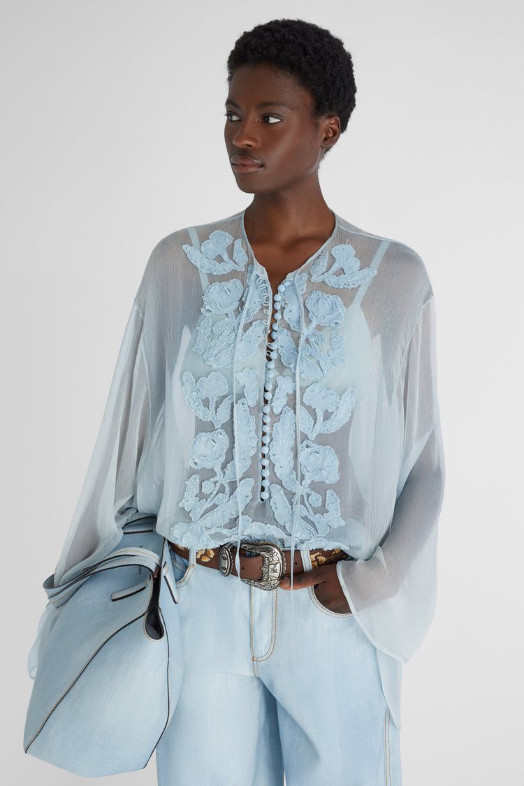 Short pure silk chiffon kaftan with handmade floral appliqués