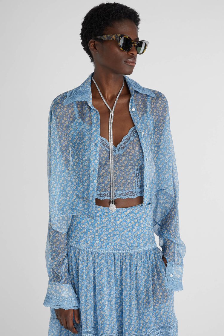 Pure silk chiffon shirt with micro flower print and valencienne lace details