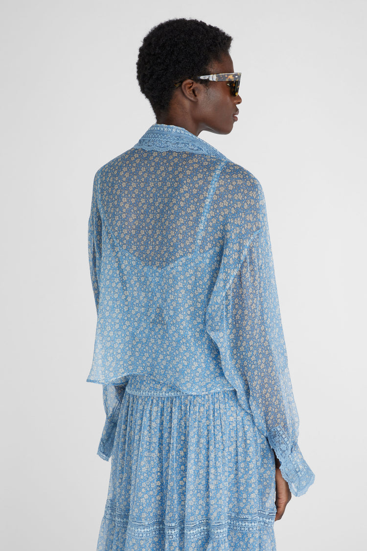 Pure silk chiffon shirt with micro flower print and valencienne lace details