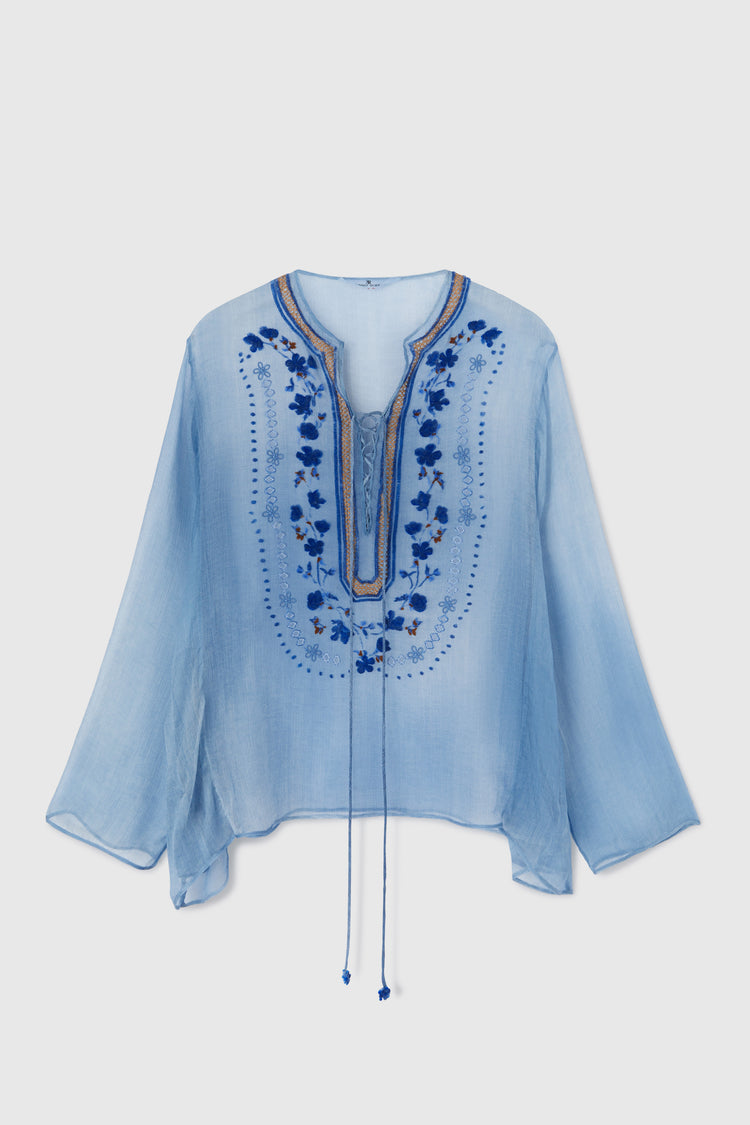 Short pure silk chiffon kaftan with denim texture and geometric embroidery