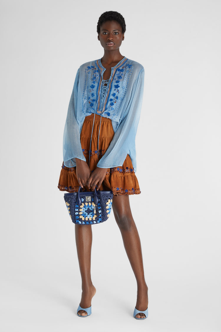 Short pure silk chiffon kaftan with denim texture and geometric embroidery