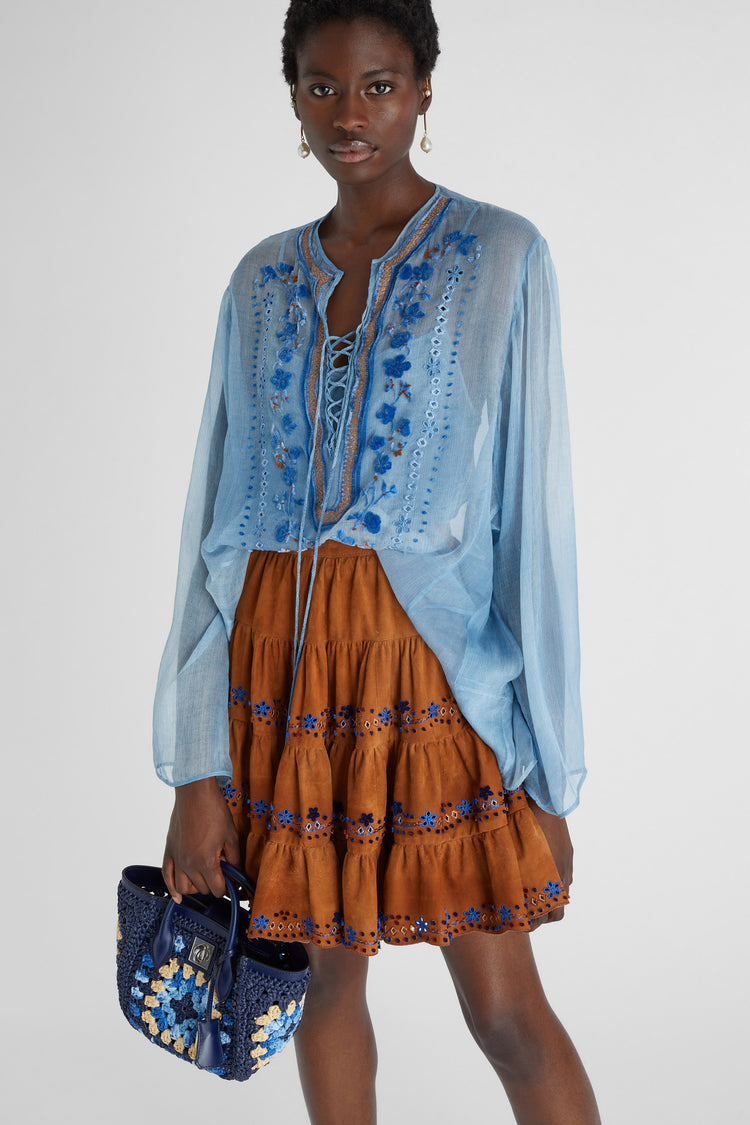 Short pure silk chiffon kaftan with denim texture and geometric embroidery