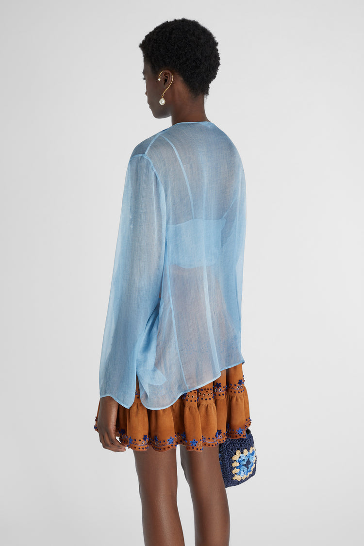 Short pure silk chiffon kaftan with denim texture and geometric embroidery