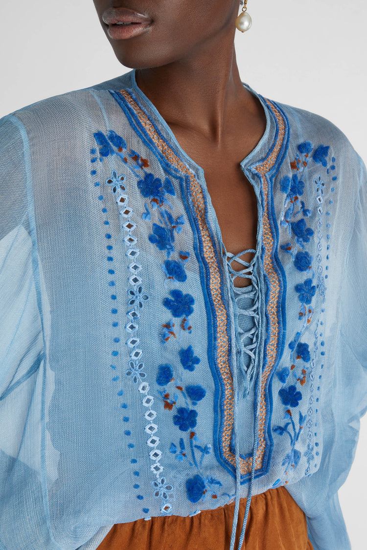 Short pure silk chiffon kaftan with denim texture and geometric embroidery