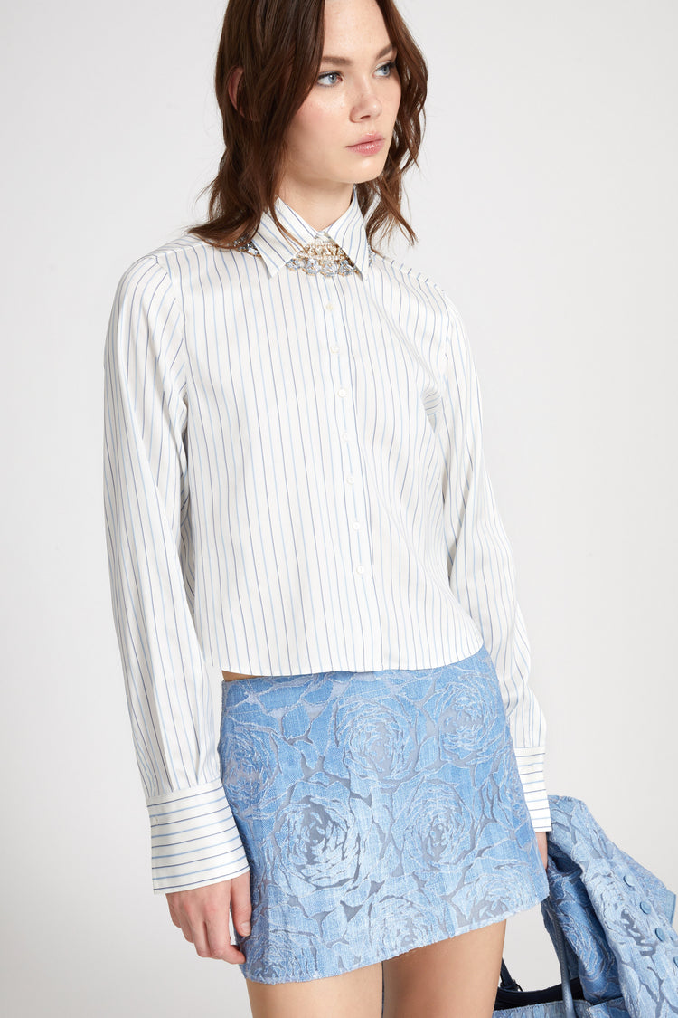 Silk blend micro-striped crop shirt