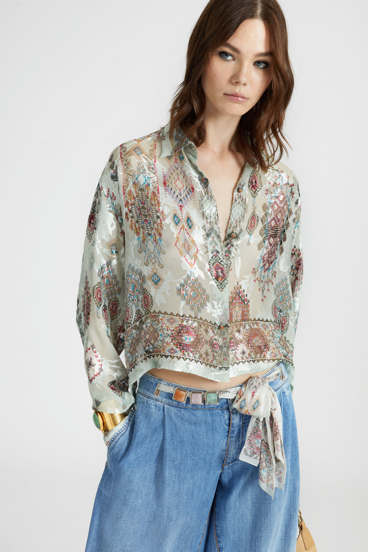 Camicia regular fit in devorè di viscosa stampa geometrica