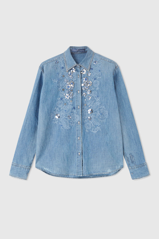 Regular denim shirt with stone applique and matching lace