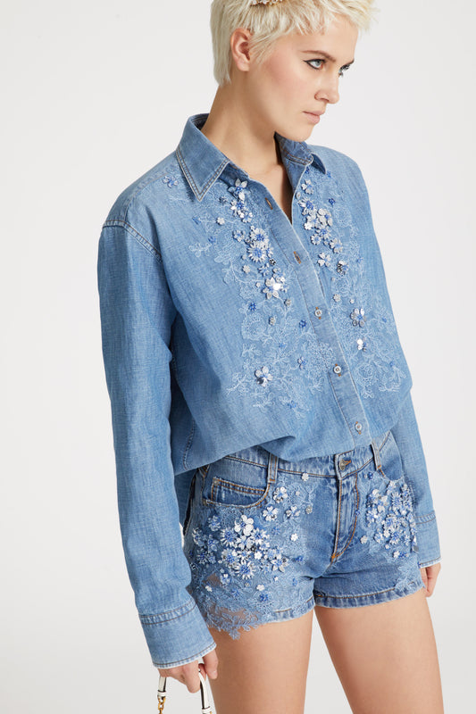 Regular denim shirt with stone applique and matching lace