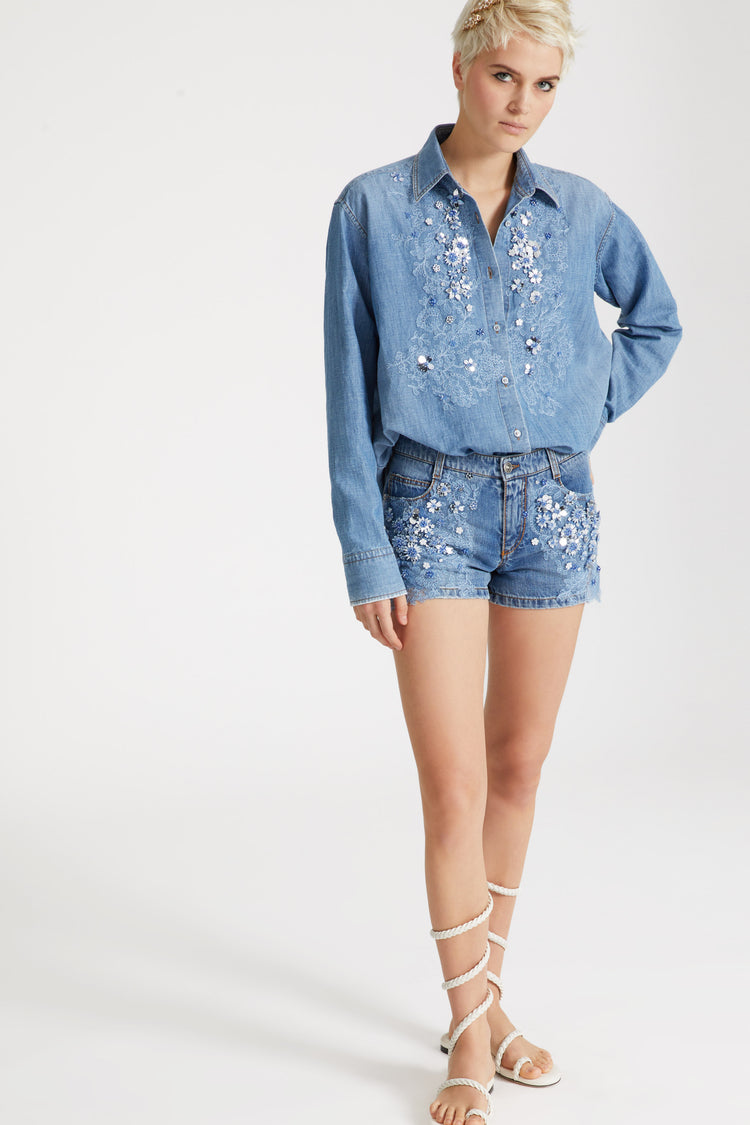 Regular denim shirt with stone applique and matching lace