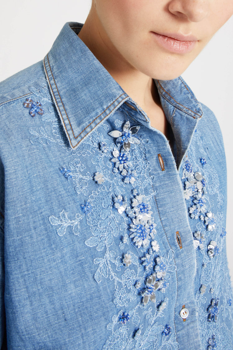 Regular denim shirt with stone applique and matching lace