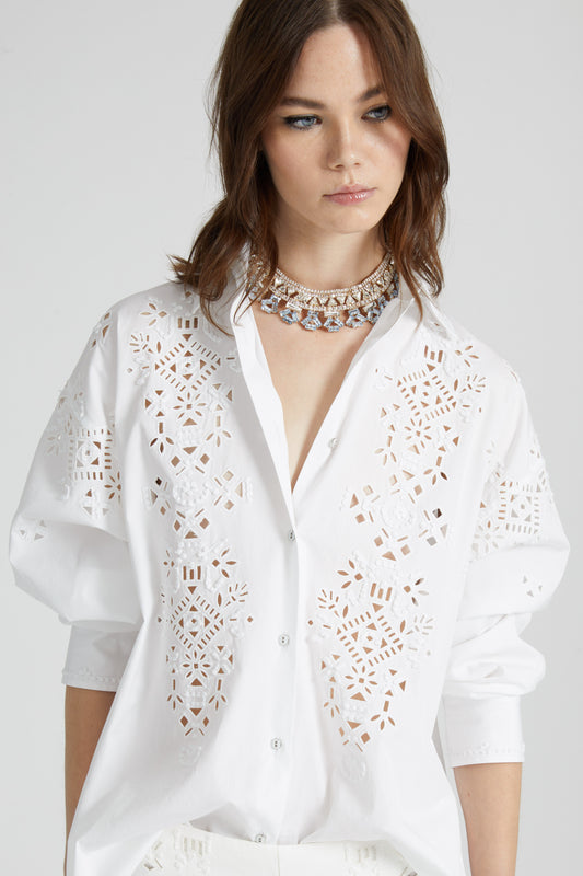 Oversize cotton poplin shirt with geometric cut-out