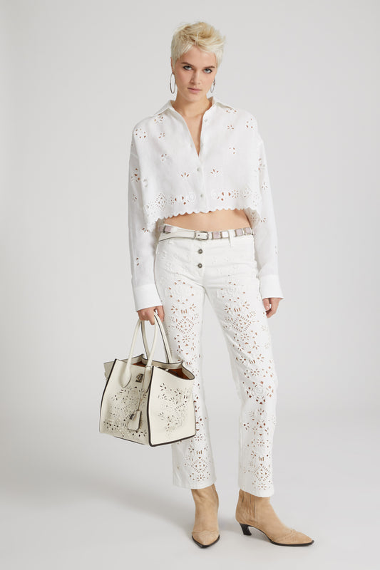 Cotton muslin crop shirt with geometric cut-out