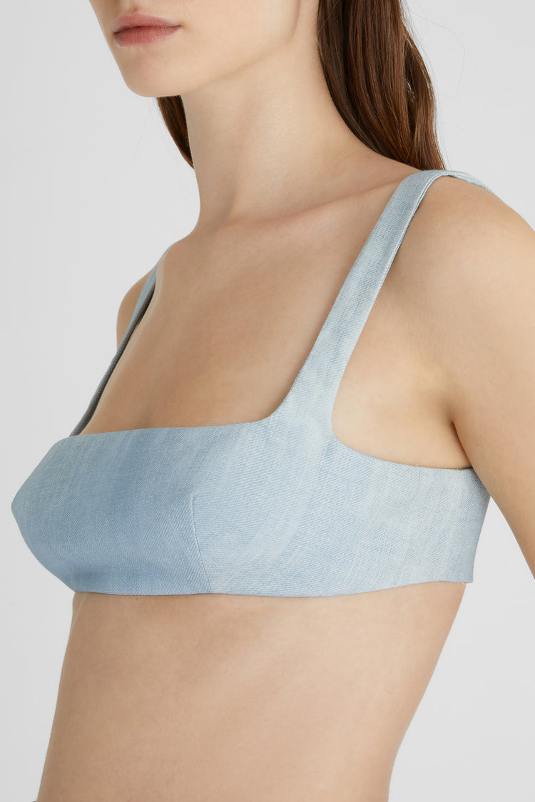 Light denim print deconstructed bra