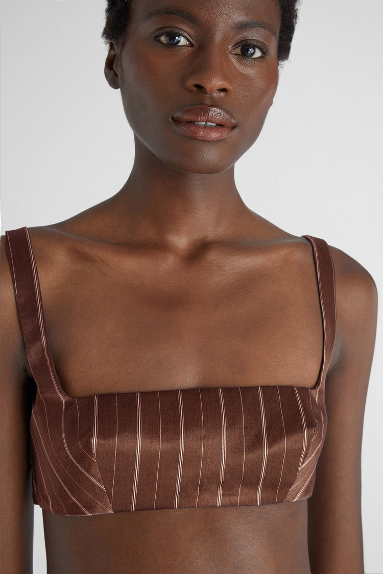 Pure silk deconstructed bra with pinstripe print