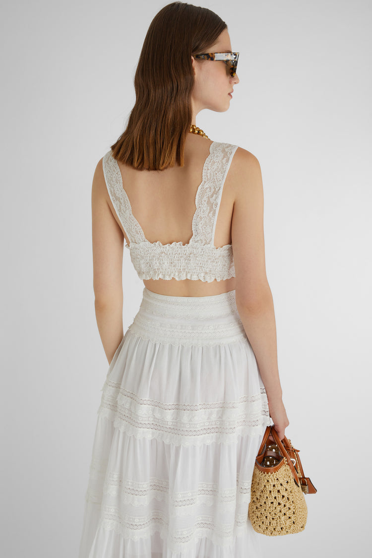 Short top in cotton muslin with valencienne lace details