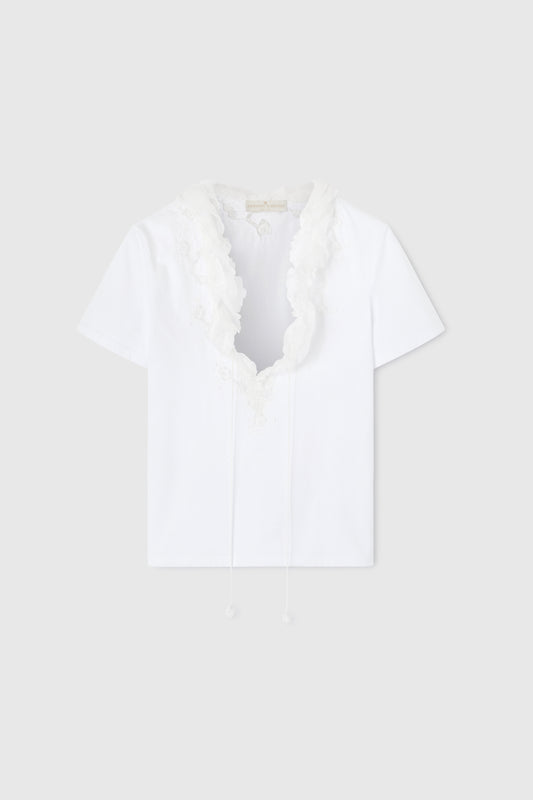 T-shirt with deep V-neck and silk lace and ruffle applications