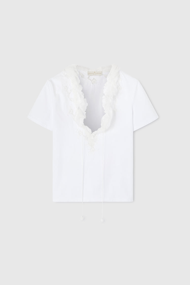 T-shirt with deep V-neck and silk lace and ruffle applications