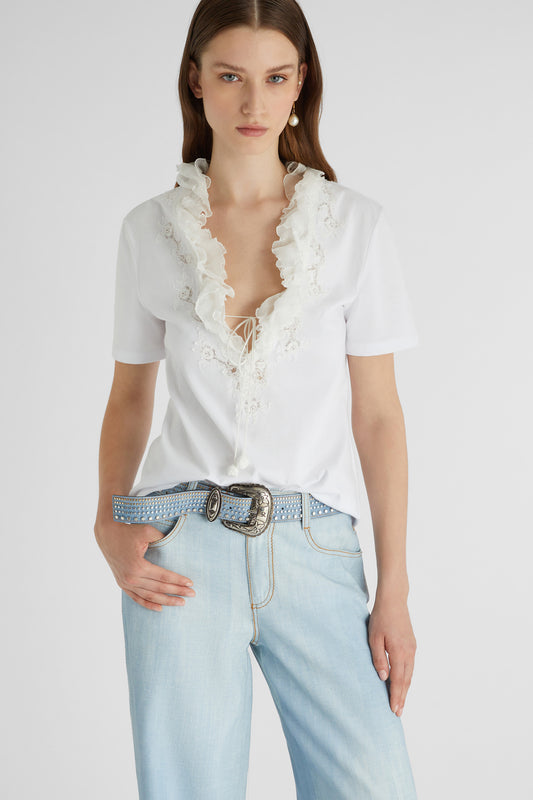 T-shirt with deep V-neck and silk lace and ruffle applications