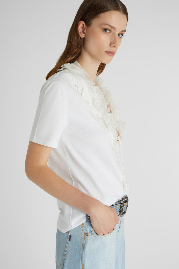 T-shirt with deep V-neck and silk lace and ruffle applications