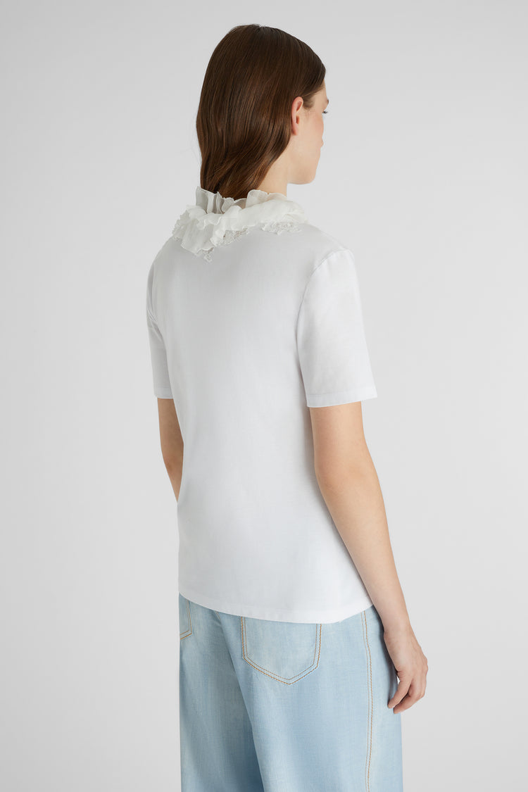 T-shirt with deep V-neck and silk lace and ruffle applications