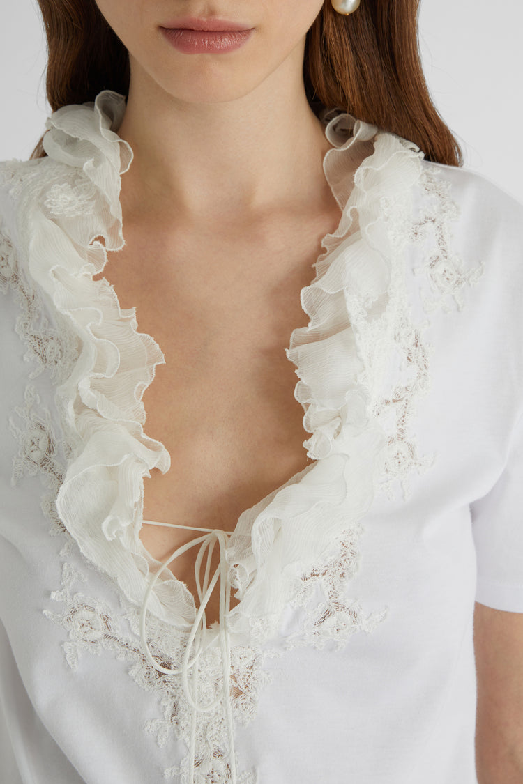 T-shirt with deep V-neck and silk lace and ruffle applications