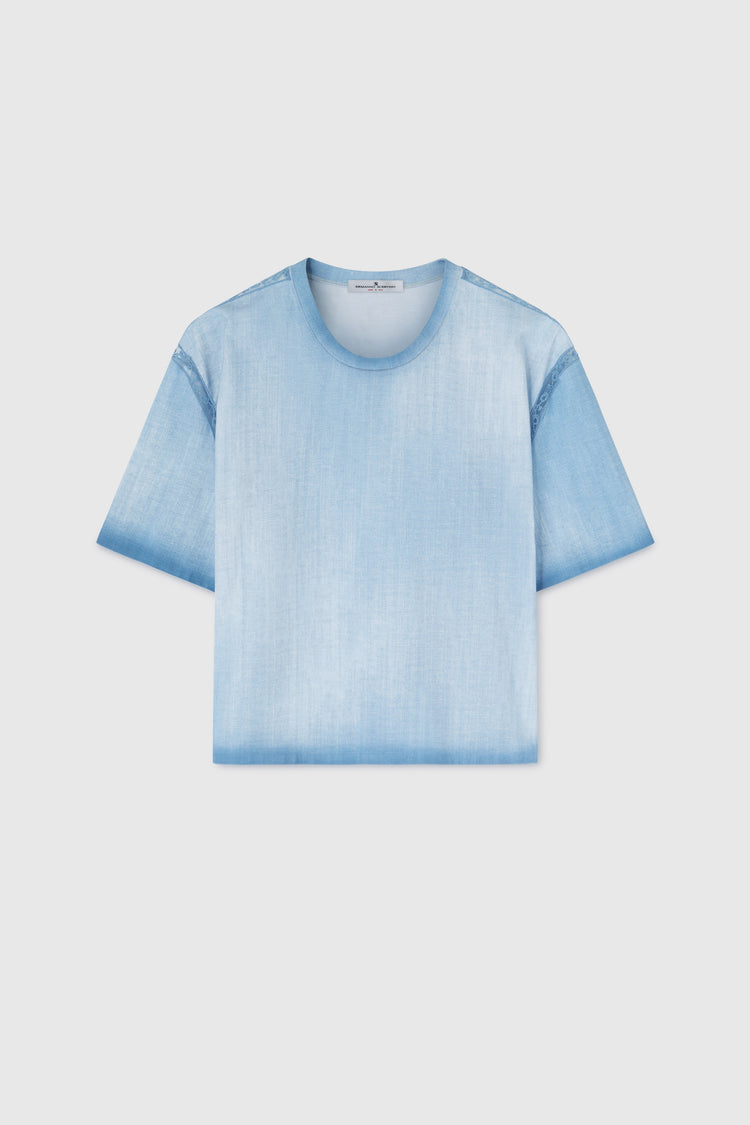 Boxy T-shirt with jeans print and valencienne lace appliqués