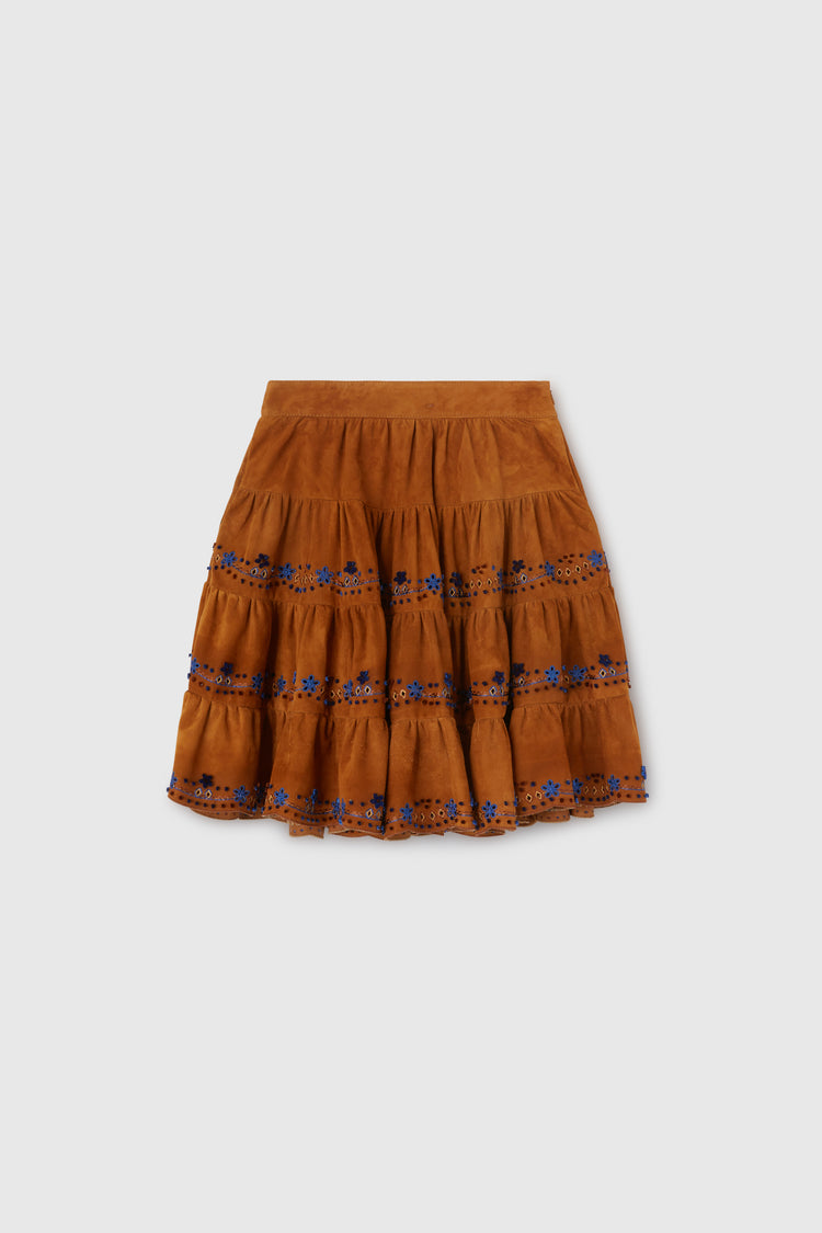 Knee-length flared skirt in suede with handmade floral embroidery