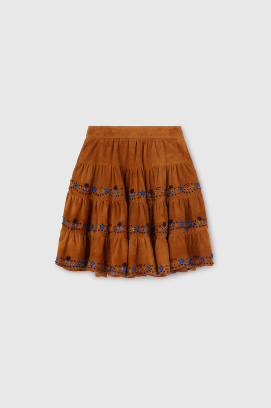 Knee-length flared skirt in suede with handmade floral embroidery